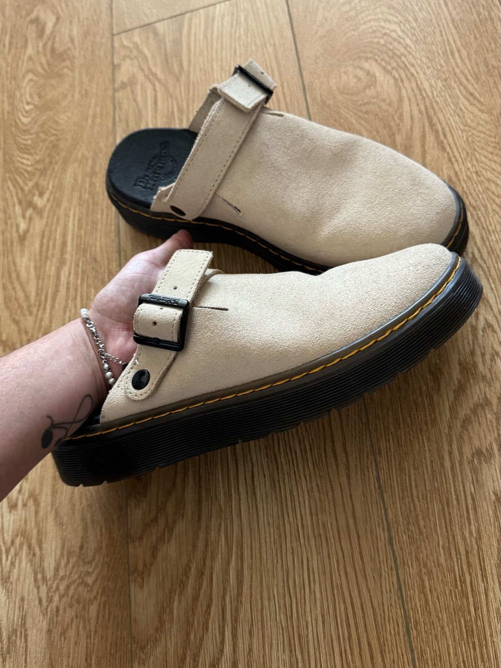 Dr. Martens Beige Suede Buckle Clog Slip-On